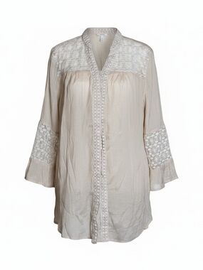 Multiples Womens L Boho Lace-Trim Tunic Top - Cream